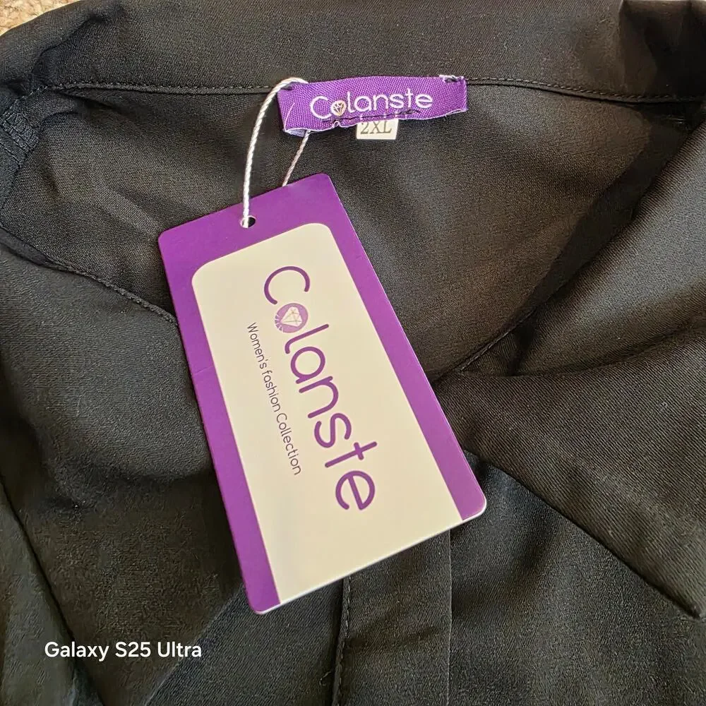NWT‎ Colonste black button up, puff sleeve blouse, cinched waist flared out 2XL - Picture 4 of 4